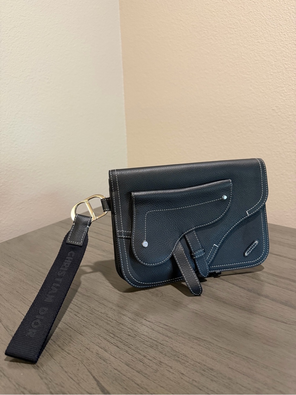 Dior Black Leather Pebbled Wristlet Clutch
